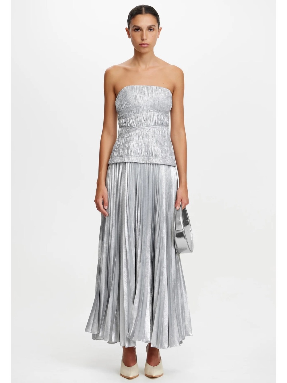 Acler Rockland Metallic Silver Strapless Pleated Midi Dress